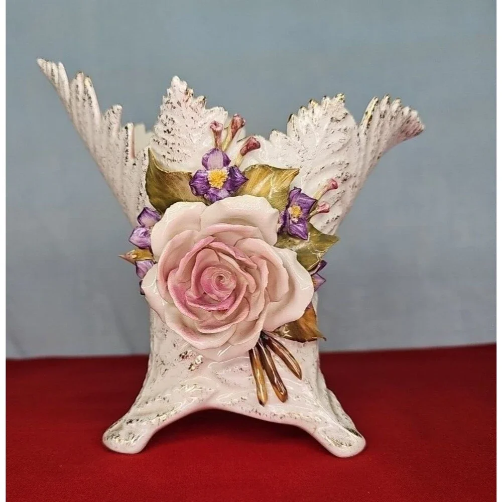 Rose Vase Vee Jackson Pottery Capodimonte Style Leaf Shape 3D Flower VTG Planter